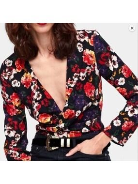 Zara Floral Faux Wrap Long Sleeve Bodysuit